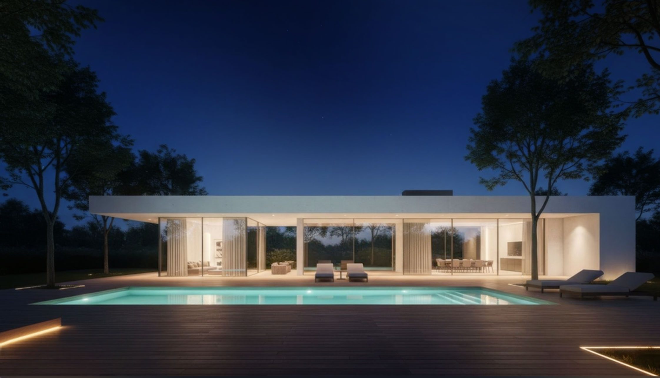Villa contemporaine paisible à la tombée de la nuit, protégée par Daitem